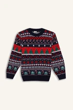 DEFACTO Boy's New Year's Themed Crew Neck Knitted Sweater