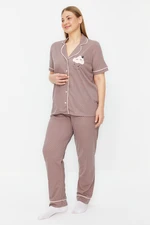 Trendyol Curve Mink Polka Dot Patterned Shirt Collar Knitted Pajamas Set