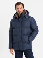 Ombre Men's puffer jacket with check lining - navy blue