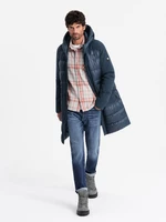 Ombre Men's quilted long jacket with large pockets - navy blue