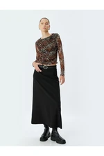 Koton Tulle Blouse Leopard Patterned Long Sleeve Draped Slim Fit