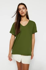 Trendyol Khaki 100% Cotton Boyfriend V-Neck Knitted T-Shirt