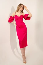 Lafaba Women's Fuchsia Thin Straps Midi Satin Evening Dress.