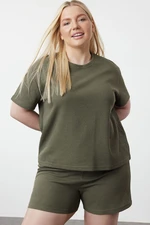 Trendyol Curve Light Khaki Crew Neck Textured Knitted Pajama Set