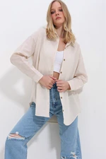 Trend Alaçatı Stili Women's Cream Oversize Linen Shirt