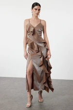 Trendyol Brown Metallic Look Flounce Detailed Woven Dress