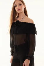 Trendyol Black Unlined Flounce Rose Detailed Woven Chiffon Blouse