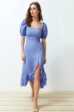 Trendyol Blue Skirt Flounce Balloon Sleeve Midi Woven Dress