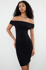 Trendyol Black Straight Fitted Stretchy Knitted Madonna Collar Dress