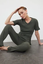 Trendyol Khaki V Neck Short Sleeve Ribbed Flexible Knitted Blouse Trousers Top-Bottom Set