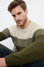 Trendyol Khaki Slim Crew Neck Color Blocked Knitwear Sweater