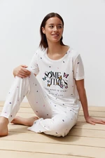 Trendyol Ecru Cotton Butterfly Patterned Knitted Pajamas Set