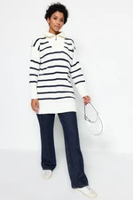 Trendyol Navy Blue Striped Collar Zippered Knitwear Sweater