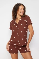 Trendyol Brown 100% Cotton Heart Patterned Knitted Pajama Set