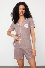 Trendyol Mink Cotton Polka Dot Printed Knitted Pajama Set with Piping Detail