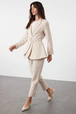 Trendyol Stone Belted Crepe Lined Jacket Trousers Woven Bottom Top Set