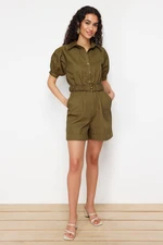 Trendyol Khaki Belted Shirt Collar Gabardine Mini Woven Jumpsuit