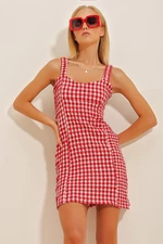 Trend Alaçatı Stili Women's Red Straps Gippe Concealed Zipper Mini Dress
