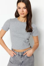 Trendyol Gray Melange Stone Detail Fitted/Situated Crew Neck, Flexible Knitted Cotton T-Shirt