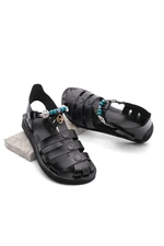 Marjin Women's Genuine Leather Accessoried Eva Sole Daily Sandals Kevas Black