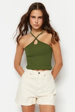 Trendyol Khaki bezešvý přiléhavý crop top s detaily na rukávech