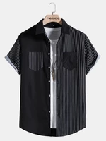 Mens Pinstripe Patchwork Double Pocket Daily Short Sleeve Shirts