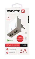 SWISSTEN SÍŤOVÝ ADAPTÉR SMART IC 2x USB 3A POWER + DATOVÝ KABEL USB / LIGHTNING 1,2 M, BÍLÁ