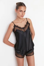 Trendyol Black Polka Dot Tulle and Lace Detailed Satin Woven Pajama Set