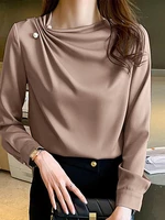 Women Solid Satin Fold Pleated Long Sleeve Blouse