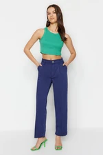 Trendyol Navy Pleat Detailed High Waist Straight Jeans