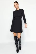 Trendyol Crepe Fabric With Black Belt Standing Skater/Water Open Mini Knitted Dress