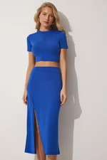 Happiness İstanbul Women's Dark Blue Crop Slit Pencil Skirt Set