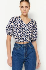 Trendyol Navy Blue Crop Woven Floral Blouse