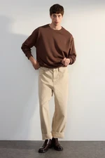 Trendyol Dark Brown Premium Crew Neck Oversize/Wide Cut Text Diagonal Sweatshirt