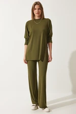 Happiness İstanbul Women's Khaki Ribbed Knitted Blouse Pants Suit