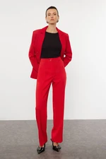 Trendyol Dark Red Straight Cut High Waist Ribbed Stitched Woven Trousers