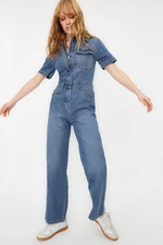 Trendyol Blue Short Sleeve Denim Jumpsuit