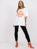 White and orange cotton T-shirt with application