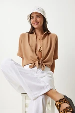 Happiness İstanbul Women's Biscuit Tie Detailed Linen Blouse