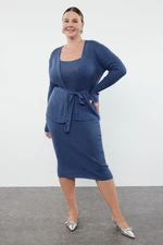 Trendyol Curve Indigo Ribbed Belted Midi Length 2-Piece Plus Size & Maternity Knitwear Cardigan-Dress