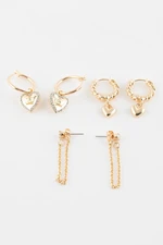 DEFACTO Women's 3-Piece Gold Earrings with Heart Motif