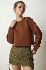 Happiness İstanbul Women's Brown Crew Neck Raised Crop Knitted Sweatshirt