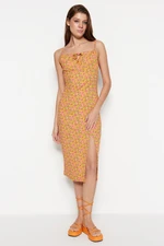 Trendyol Orange Printed Ruffle and Slit Detailed Fitted Midi Knitted Dress