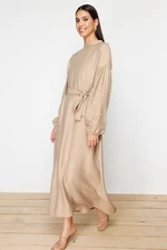 Trendyol Beige Belted Pearl and Stone Detailed Woven Dress