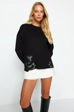 Trendyol Black Crew Neck Basic Thin Applique Detailed Knitted Sweatshirt