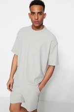 Trendyol Limited Edition Basic Gray Oversize/Wide Cut Textured Wrinkle-Free Ottoman T-Shirt