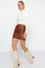 Trendyol Brown Imitation Leatherette With Rayon inner lining, Draped High Waist, Fitted Mini Knitted Skirt