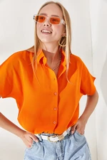 Olalook Women's Orange Bat Oversize Linen Shirt