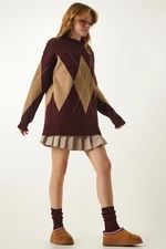 Happiness İstanbul Women's Burgundy Biscuit Premium Diamond Pattern Oversize Knitwear Sweater