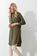 Trend Alaçatı Stili Women's Khaki Shirt Collar Half Pop Long Woven Tunic